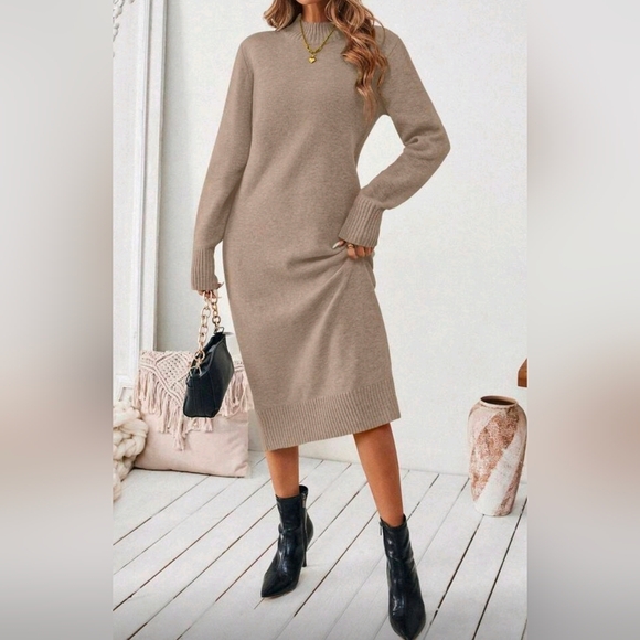 New Chic Oversized Knit Sweater Midi Dress Light Khaki Tan - Picture 3 of 10